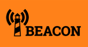 Logo of the Maine Beacon. Black text over orange background. Features a black icon of a lighthouse.