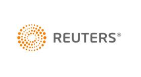 Logo of Reuters. Grey text on white backgound.