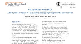 Dead man waiting cover. Blue font on white background.