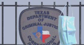Canary in the Coal Mine title over a large TDCJ badge superimposed over a set of prison bars, with a disposable face mask hanging off one of the bars.