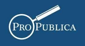 Logo of ProPublica, white text on blue backgound with a white magnifying glass.