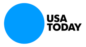 Logo of USA Today, featuring black text on white background next to a large teal blue circle.