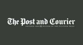 The Post and Courier in white text, gray background