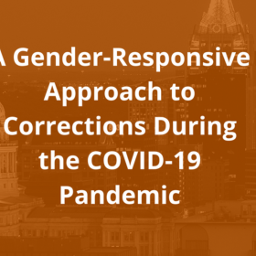 A gender responsive approach text. White text on burnt orange background.