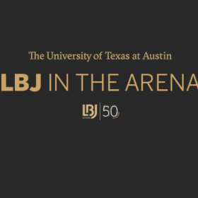 LBJ in the arena, gold text on dark gray background.