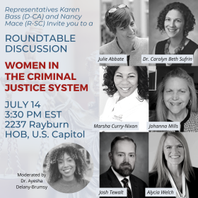 Compilation of speaker headshots, including 6 women and 1 man featuring the following title: WOMEN IN THE CRIMINAL JUSTICE SYSTEM.