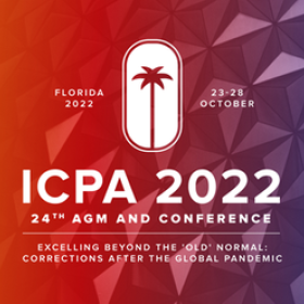 Gradient going from red on left to blue on right with palm trees making up background. Foreground is white text that says ICPA 24th AGN And Conference