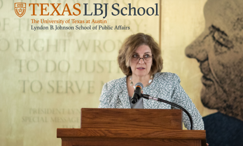 Photo of Michele Deitch speaking at a podium at the LBJ School.