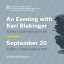 Text saying, "AN EVENING WITH KERI BLAKINGER AUTHOR OF CORRECTIONS IN INK" over a plain blue-grey background featuring the PJIL logo.