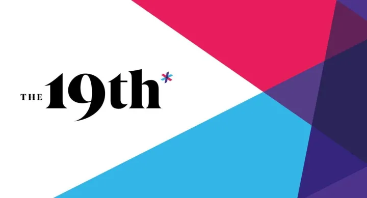 Logo of The 19th. Black text on white background. Features pink, teal, and purple triangles on the side. 