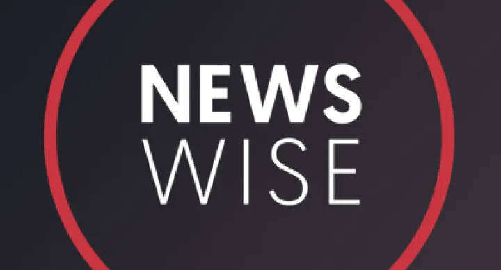 Image of News Wise logo. White letters and red circle outline on a dark grey background.