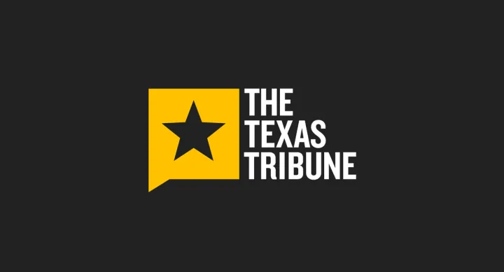 Logo of the Texas Tribune. White text and gold star on black background.