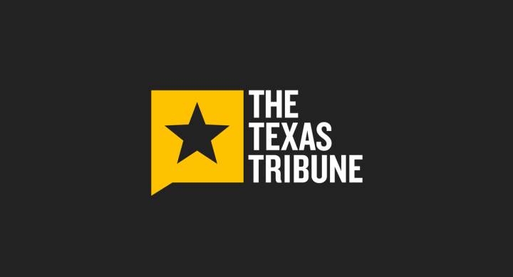 Logo of the Texas Tribune. White text and gold star on black background.