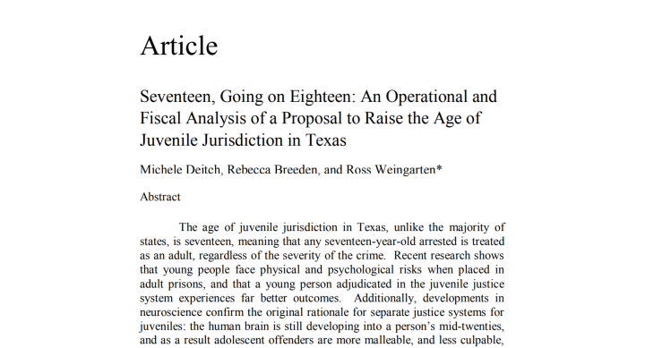 Seventeen, Going on Eighteen: An Operational and Fiscal Analysis of a Proposal to Raise the Age of Juvenile Jurisdiction in Texas