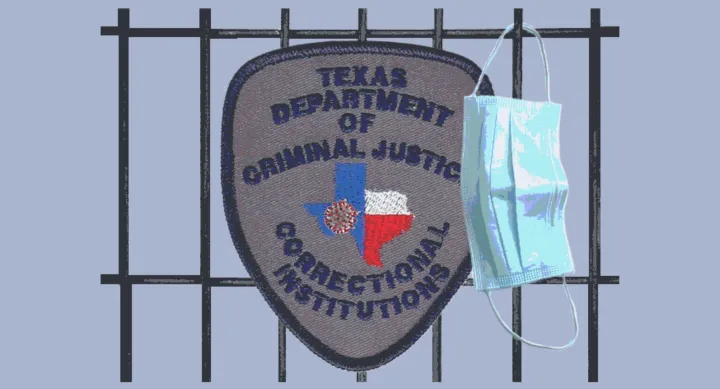 TDCJ Correctional Badge superimposed over prison bars with a disposable medical mask hanging off of the badge.