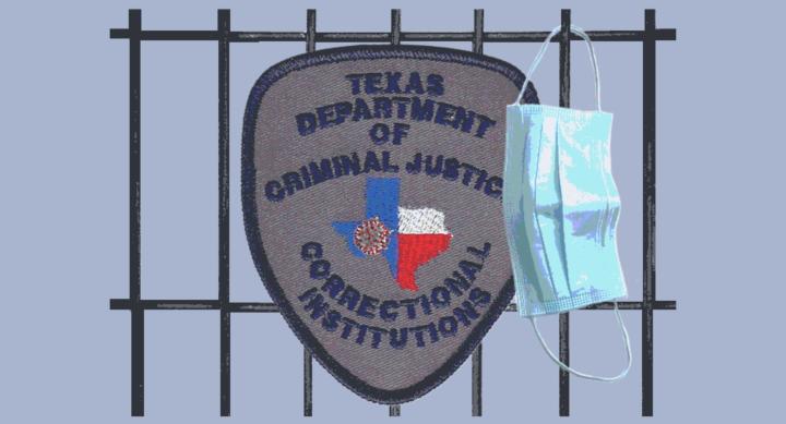 TDCJ Correctional Badge superimposed over prison bars with a disposable medical mask hanging off of the badge.