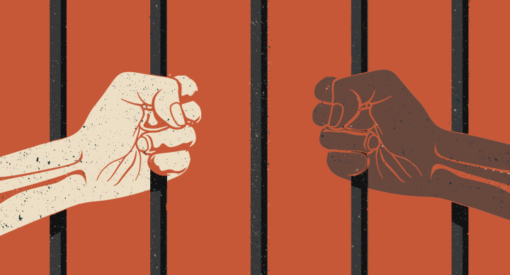 Illustration of two hands holding prison bars, each belonging to a different race.