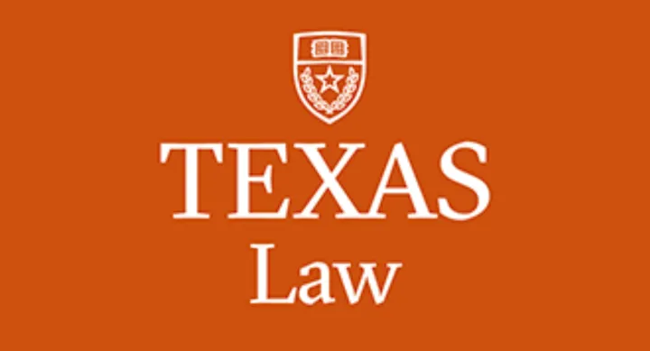 Logo of UT Law school. White text over burnt orange background featuring a white UT shield over the text. 