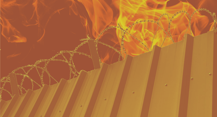 Illustration of a prison fence with razor wire and flames of fire encroaching upon the wall.