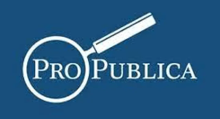 Logo of ProPublica, white text on blue backgound with a white magnifying glass.
