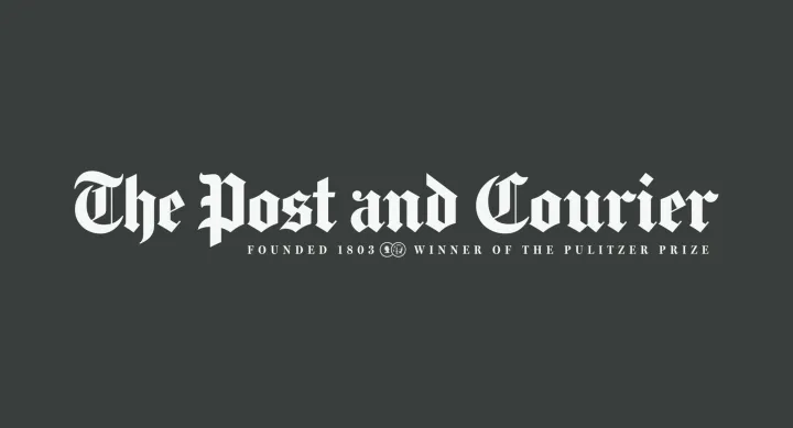 The Post and Courier in white text, gray background