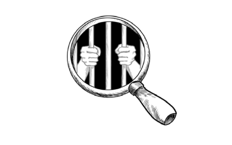 Icon of the Covid, Corrections and Oversight Project, a magnifying glass with the image of prison bars within.