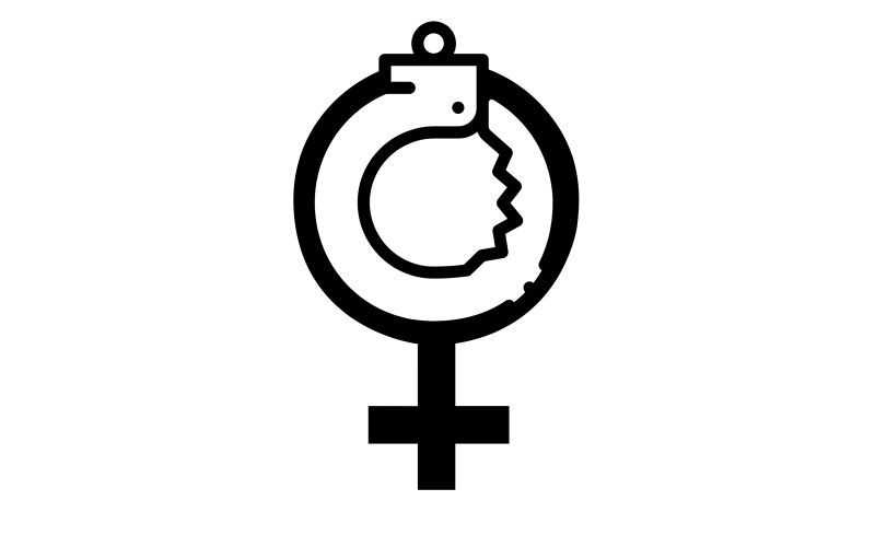 Icon of a femme gender symbol with a handcuff around it.