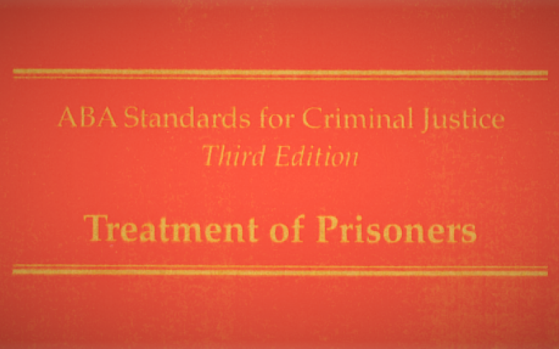 Photo of the ABA Standards for Criminal Justice. Gold text on red background.