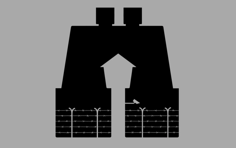 Black and grey cartoon drawing of a prison surrounded by barbed wire and featuring a home-shaped cutout.