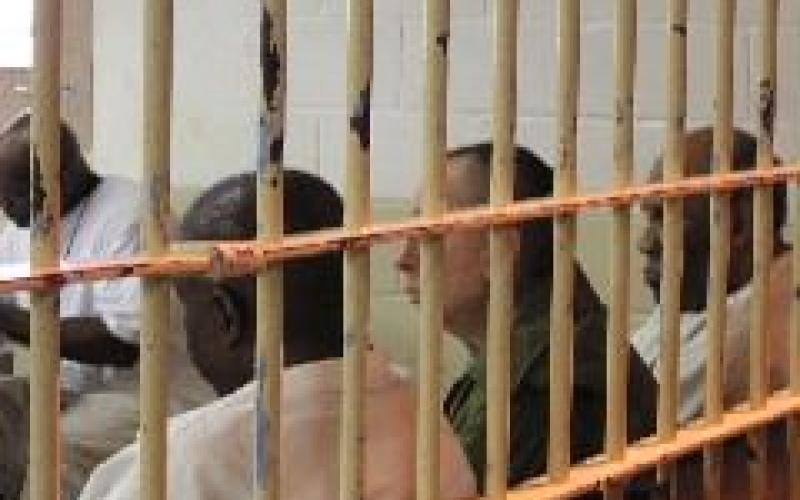 Photo of prison bars and men inside, all facing their backs to the camera.