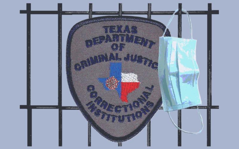 TDCJ Correctional Badge superimposed over prison bars with a disposable medical mask hanging off of the badge.