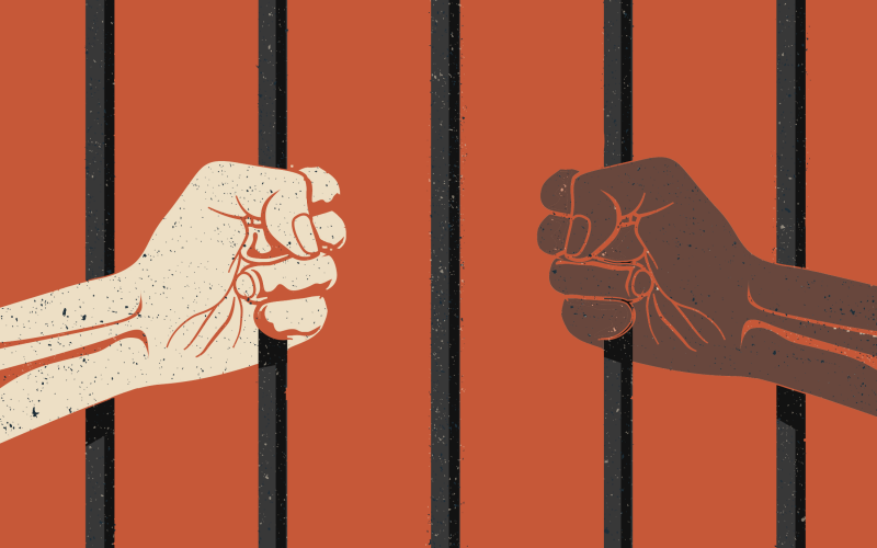 Illustration of two hands holding prison bars, each belonging to a different race.